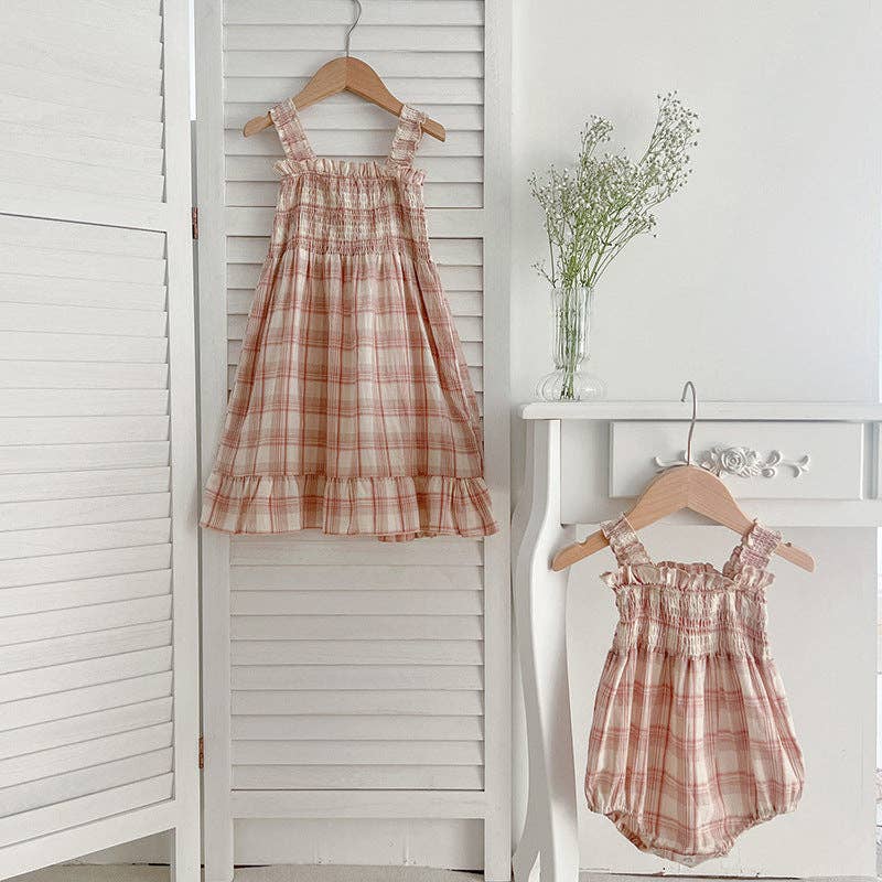 Summer Baby Girls French-style Plaid Sleeveless bodysuit and Dress – Princess Sister Matching Set: Pink / 80 (9-12M)