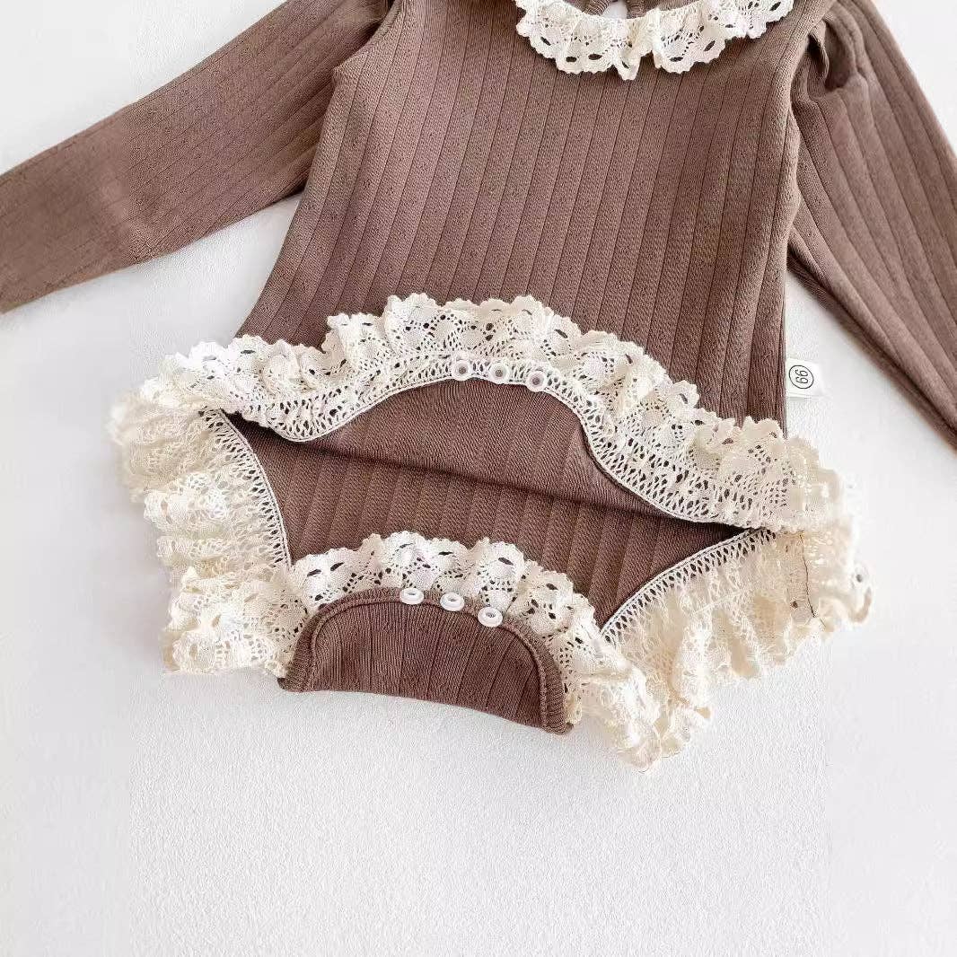 Autumn Arrival Baby Girls Long Sleeves Striped Pattern Hollow-out Collar bodysuit: Coffee / 90 (12-24M)