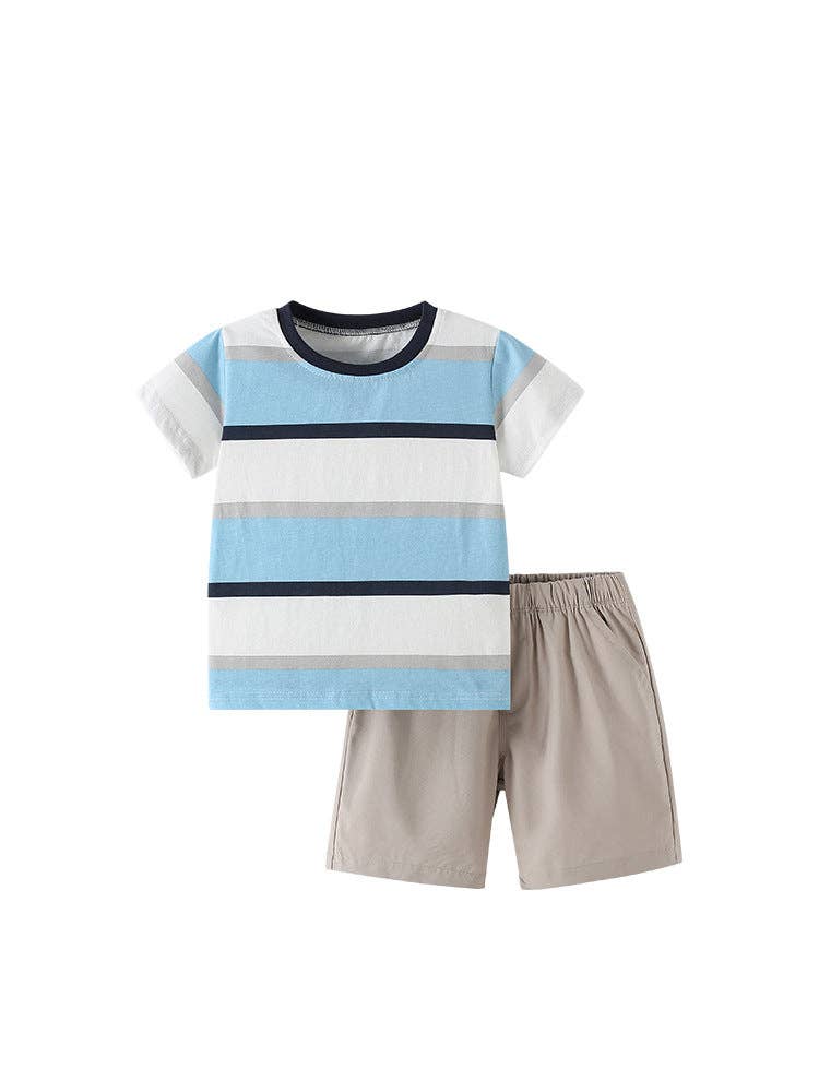 Summer Baby Kids Casual Striped Pattern T-shirt and Shorts Clothing Set for Boys: Blue / 110 (3-5Y)