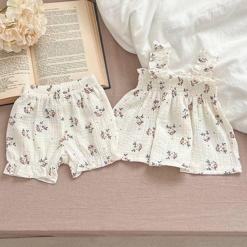 Summer Hot Selling Baby Girls Sleeveless Floral Pattern Strap Top Dress And Shorts Clothing Set: White / 66 (3-6M)