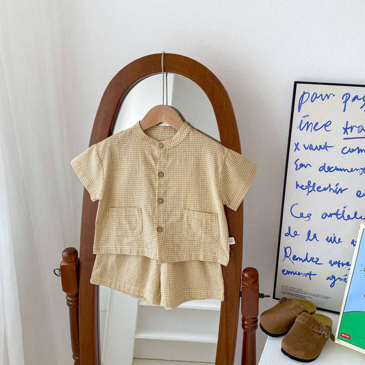 Baby Kids Boys Plaid/Solid Short Sleeves Top Shirt And Shorts Casual Clothing Set: Yellow / 100 (2-3Y)
