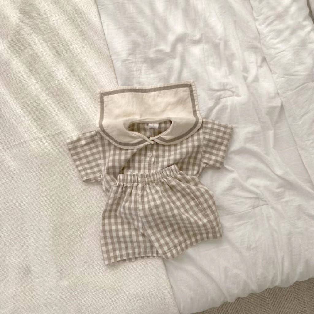 Summer Baby Kids Unisex Plaid Casual Navy Collar T-Shirt And Shorts Clothing Set: Grey / 100 (2-3Y)