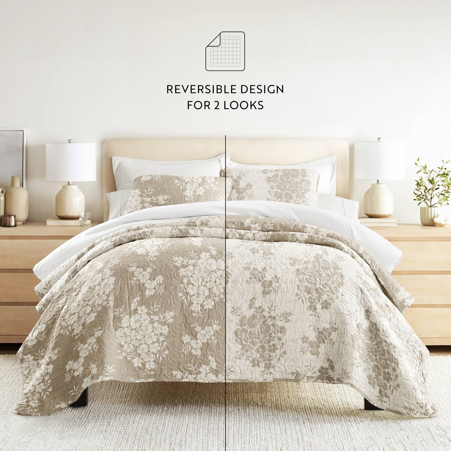 Distressed Bouquet All Season Patterned Reversible Quilt Set: Taupe / Full/Queen