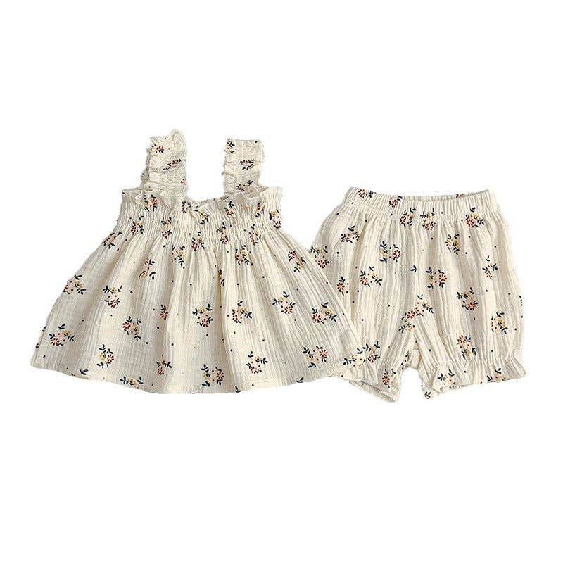 Summer Hot Selling Baby Girls Sleeveless Floral Pattern Strap Top Dress And Shorts Clothing Set: White / 100 (2-3Y)