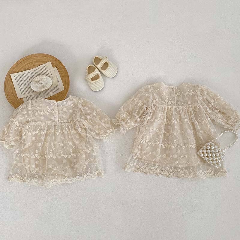 Baby Girl Mesh Patched Design Suqare Neck bodysuit Dress & Dress: Apricot / 80 (9-12M)