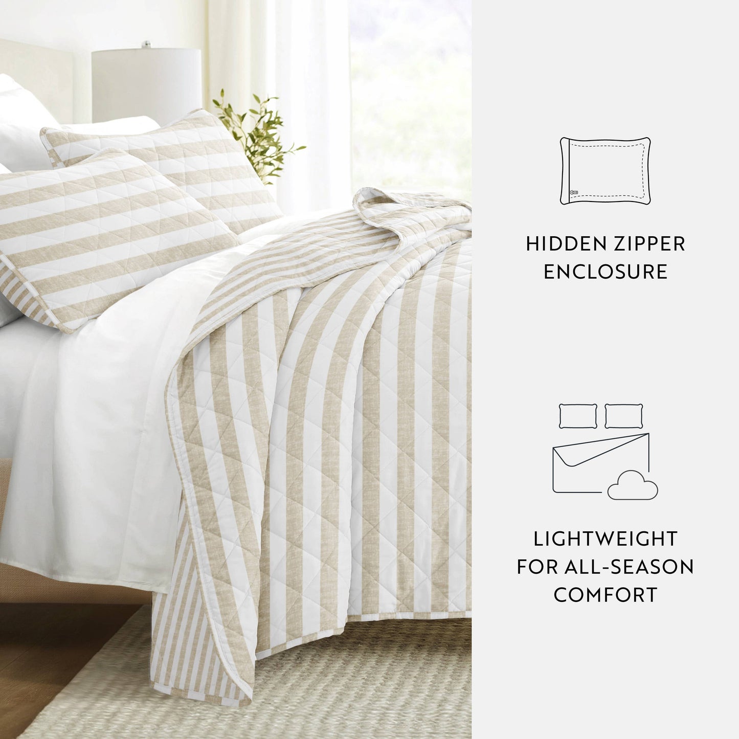 Classic Stripe All Season Patterned Reversible Quilt Set: Natural / Twin/TwinXL
