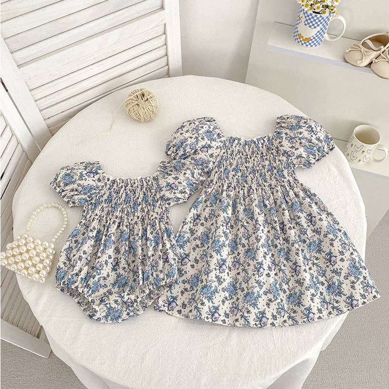 Summer Baby Girls French-style Flowers Pattern Short-sleeved bodysuit and Dress – Princess Sister Matching: Blue / 66 (3-6M)