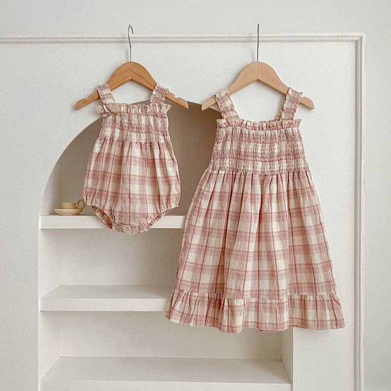 Summer Baby Girls French-style Plaid Sleeveless bodysuit and Dress – Princess Sister Matching Set: Pink / 80 (9-12M)