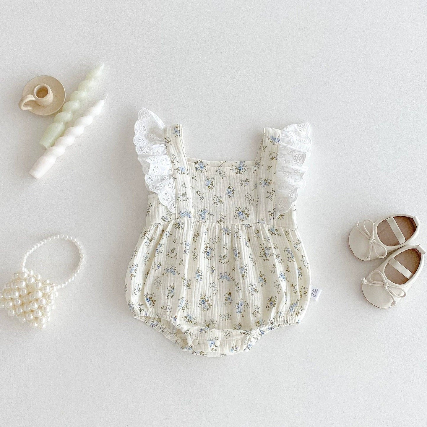 Summer Arrival Baby Girls Floral Pattern Fly Sleeves bodysuit: Beige / 90 (12-24M)