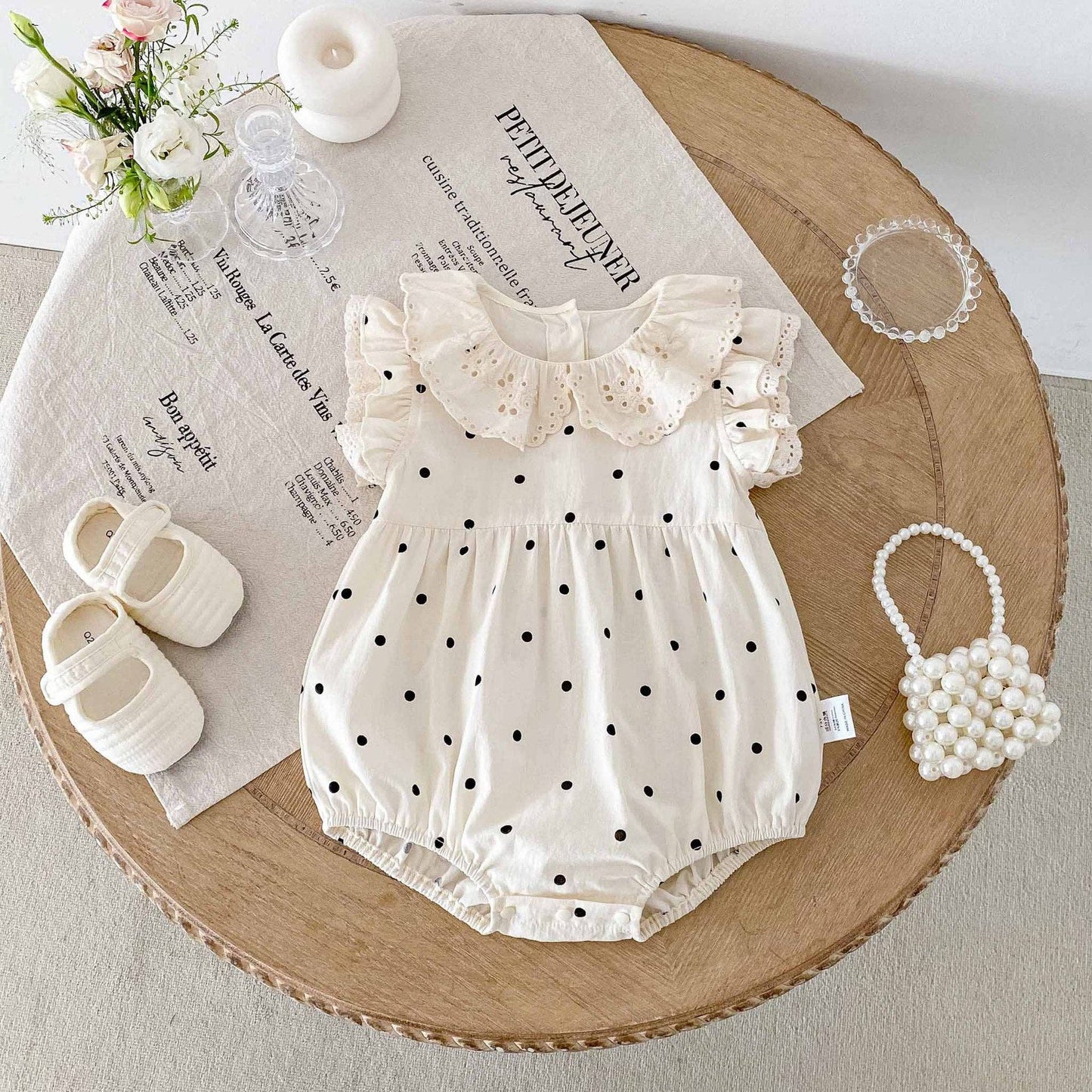 Summer Arrival Baby Girls Cute Dots Pattern Fly Sleeves bodysuit: Apricot / 66 (3-6M)