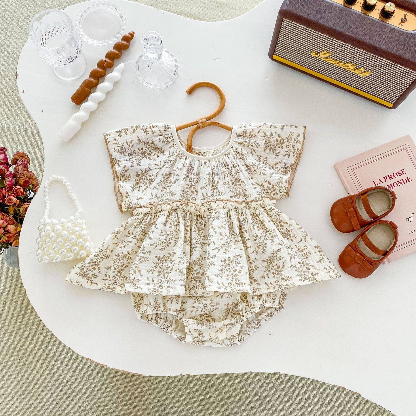 Summer Baby Girls Plain Floral Print Fly Sleeves Princess bodysuit Dress: Apricot / 90 (12-24M)