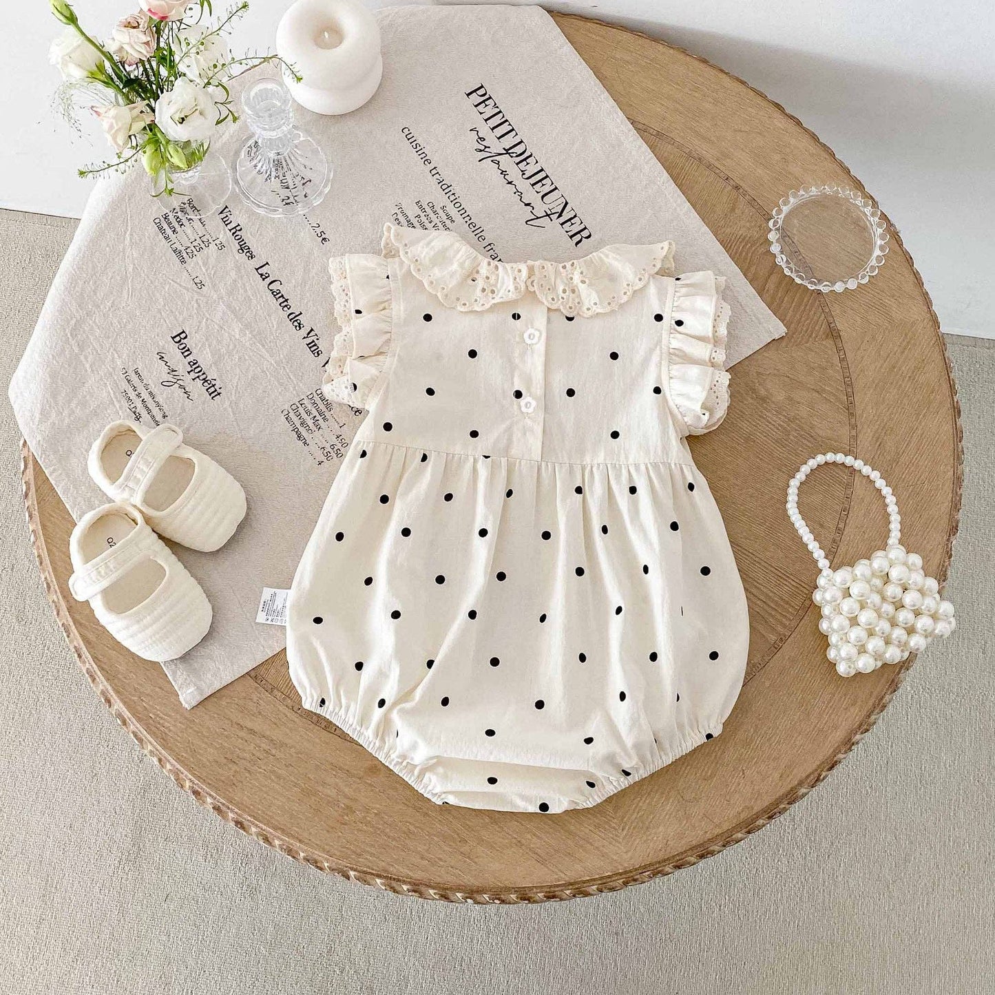 Summer Arrival Baby Girls Cute Dots Pattern Fly Sleeves bodysuit: Apricot / 90 (12-24M)