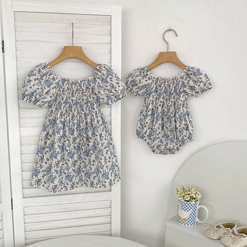 Summer Baby Girls French-style Flowers Pattern Short-sleeved bodysuit and Dress – Princess Sister Matching: Blue / 80 (9-12M)