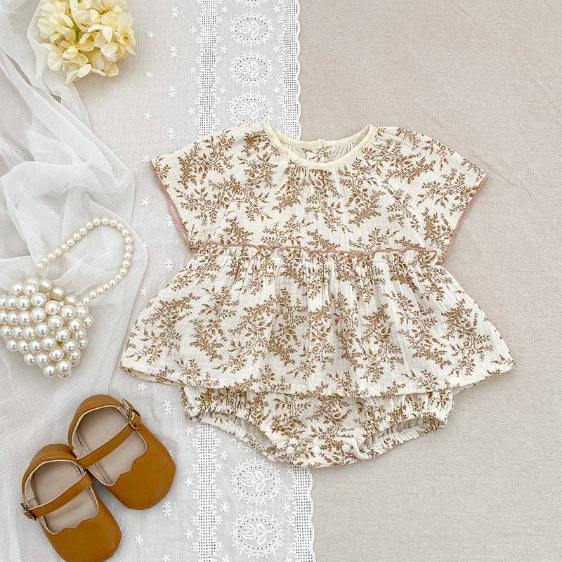 Summer Arrival Thin Floral Pattern Short Sleeves Crew Neck Onesies for Stylish Girls: Khaki / 66 (3-6M)