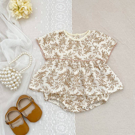 Summer Arrival Thin Floral Pattern Short Sleeves Crew Neck Onesies for Stylish Girls: Khaki / 80 (9-12M)