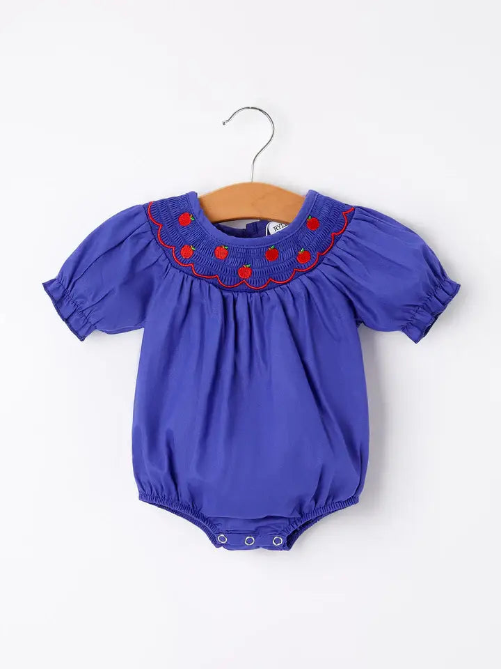 Back To School Apple Embroidery Blue Girls Romper: 6M