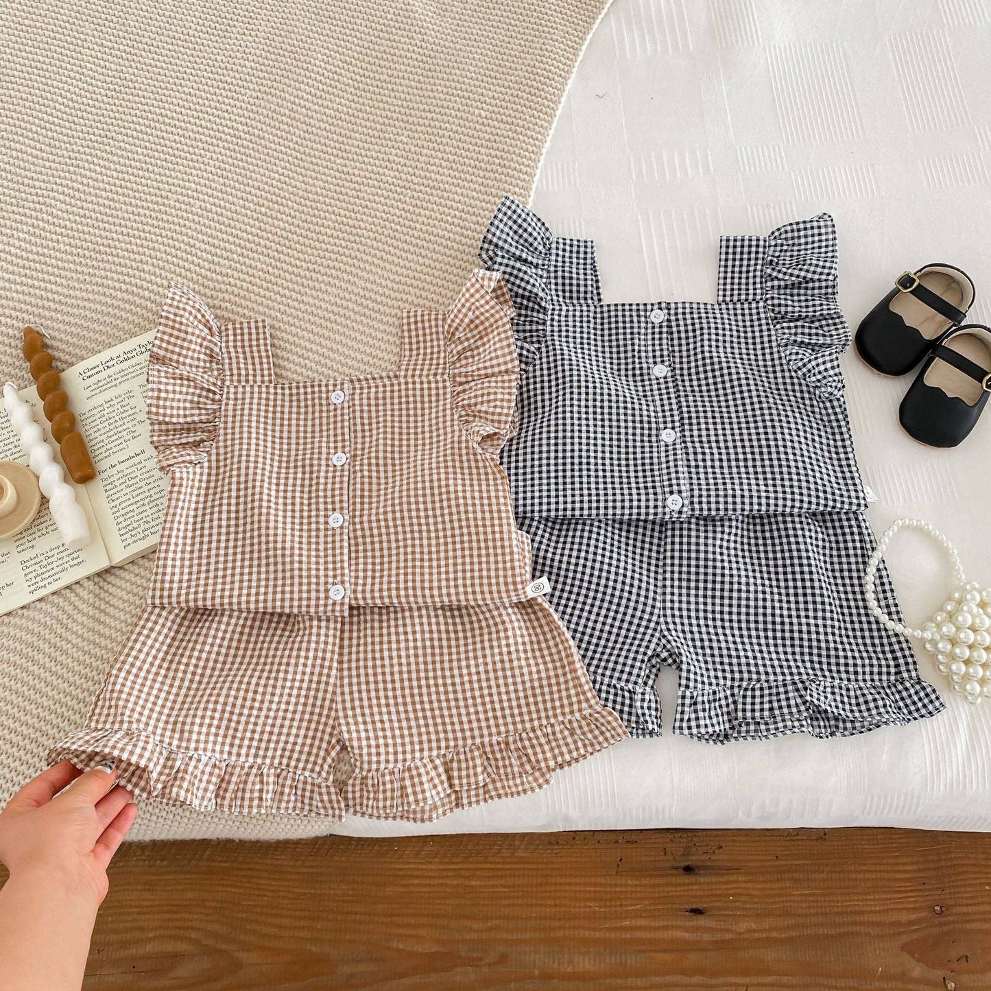 Summer Baby Kids Girls Plaid Shirt And Shorts Clothing Set: Black / 110 (3-5Y)