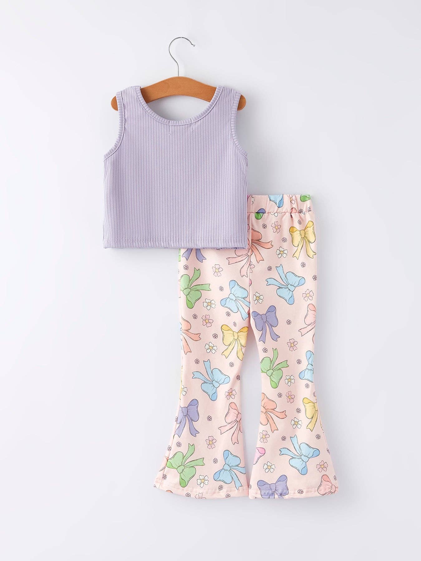 Purple Girls Top Bow Floral Print Bell Bottom Pants Set: 4