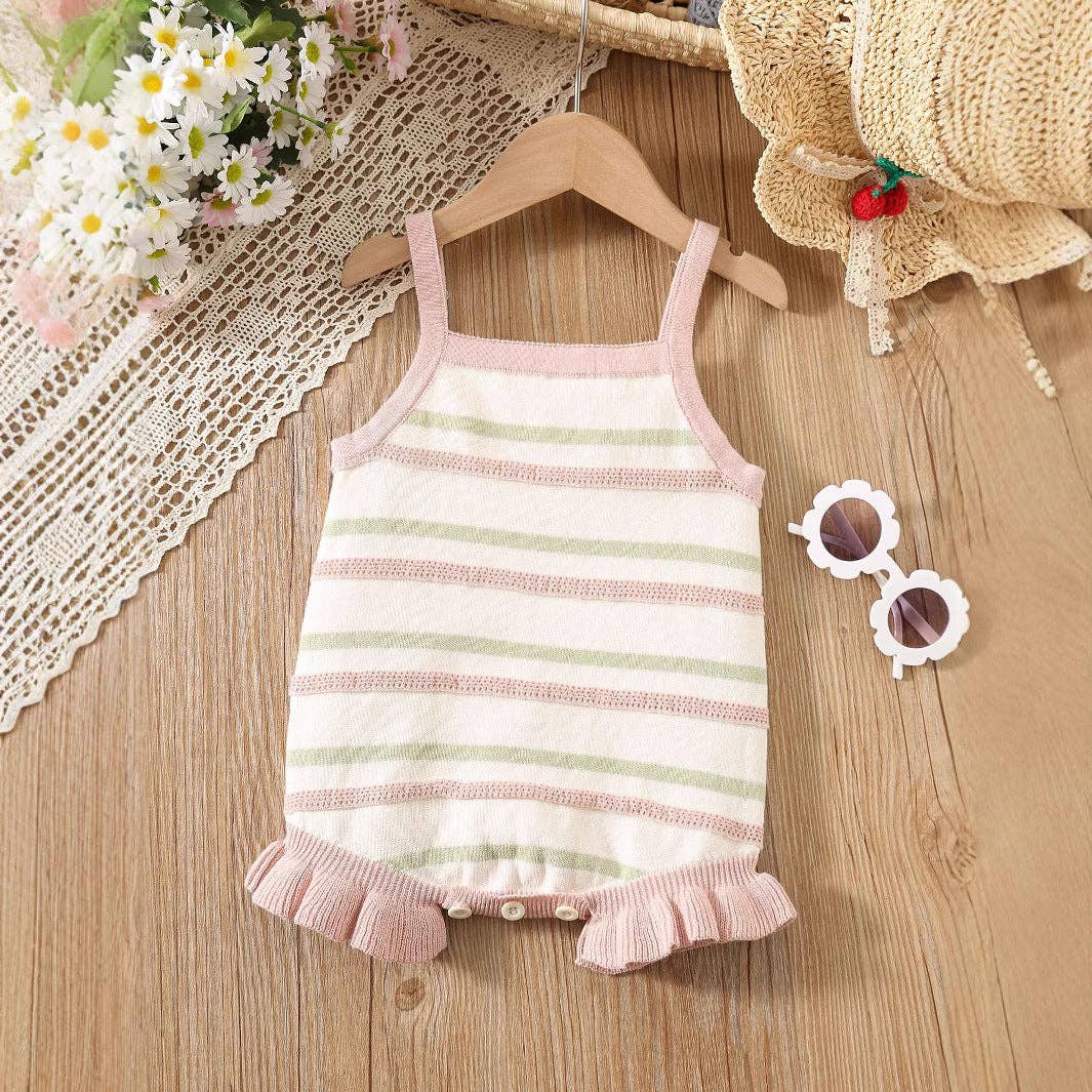 Summer Arrival Baby Girls Cute Thin Striped Pattern Sleeveless Strap bodysuit: Brown / 100 (2-3Y)