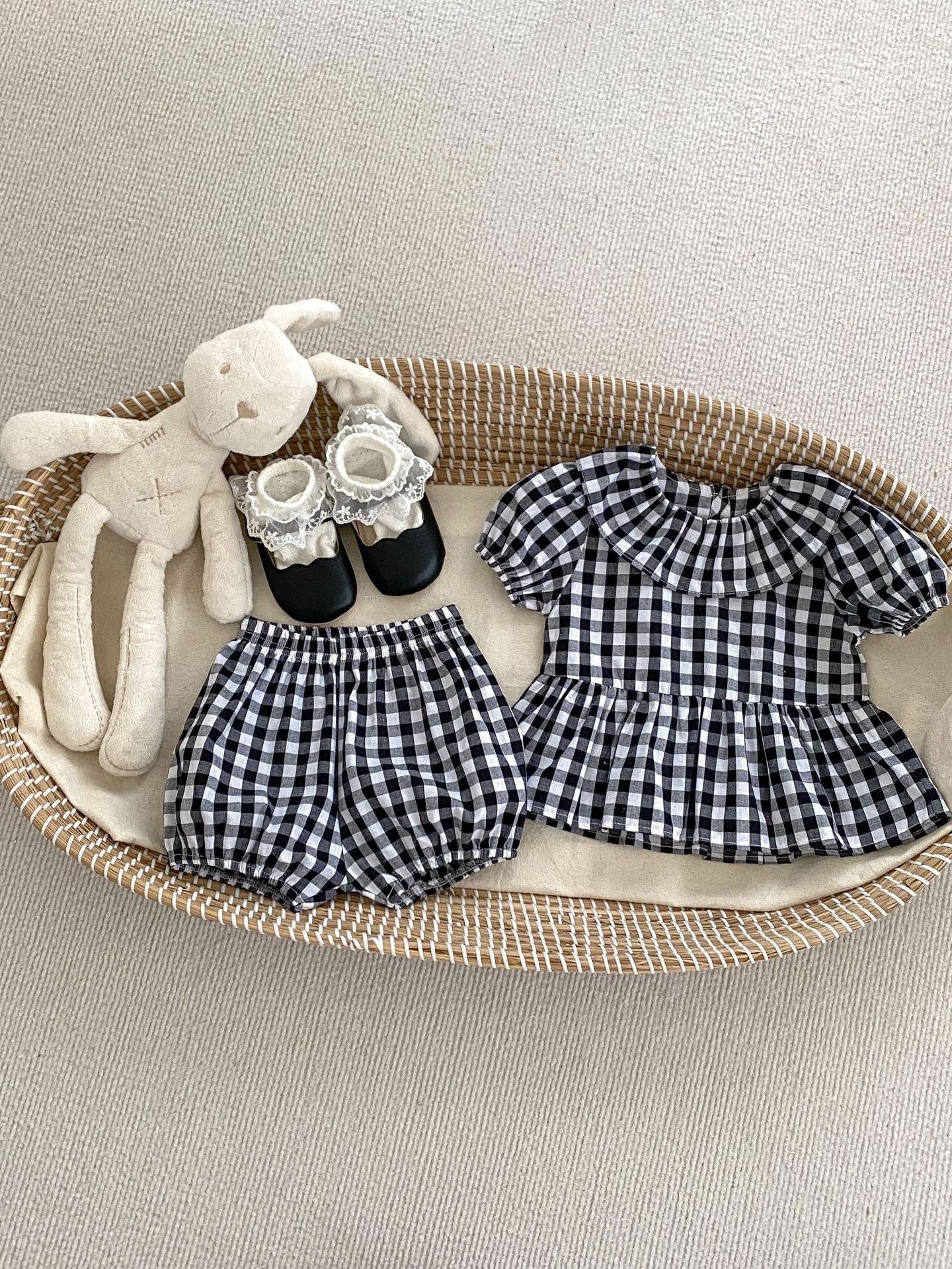 Summer Baby Kids Girls Plaid Short Sleeves Round Collar Top And Shorts Casual Clothing Set: Brown / 66 (3-6M)