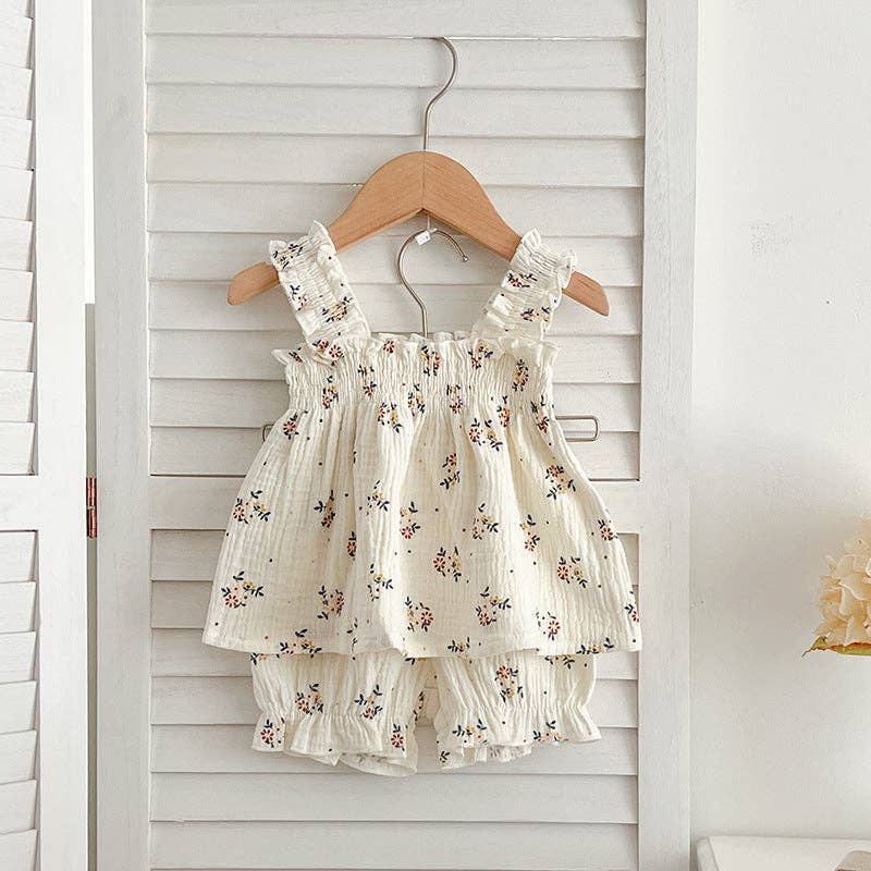Summer Hot Selling Baby Girls Sleeveless Floral Pattern Strap Top Dress And Shorts Clothing Set: White / 73 (6-9M)