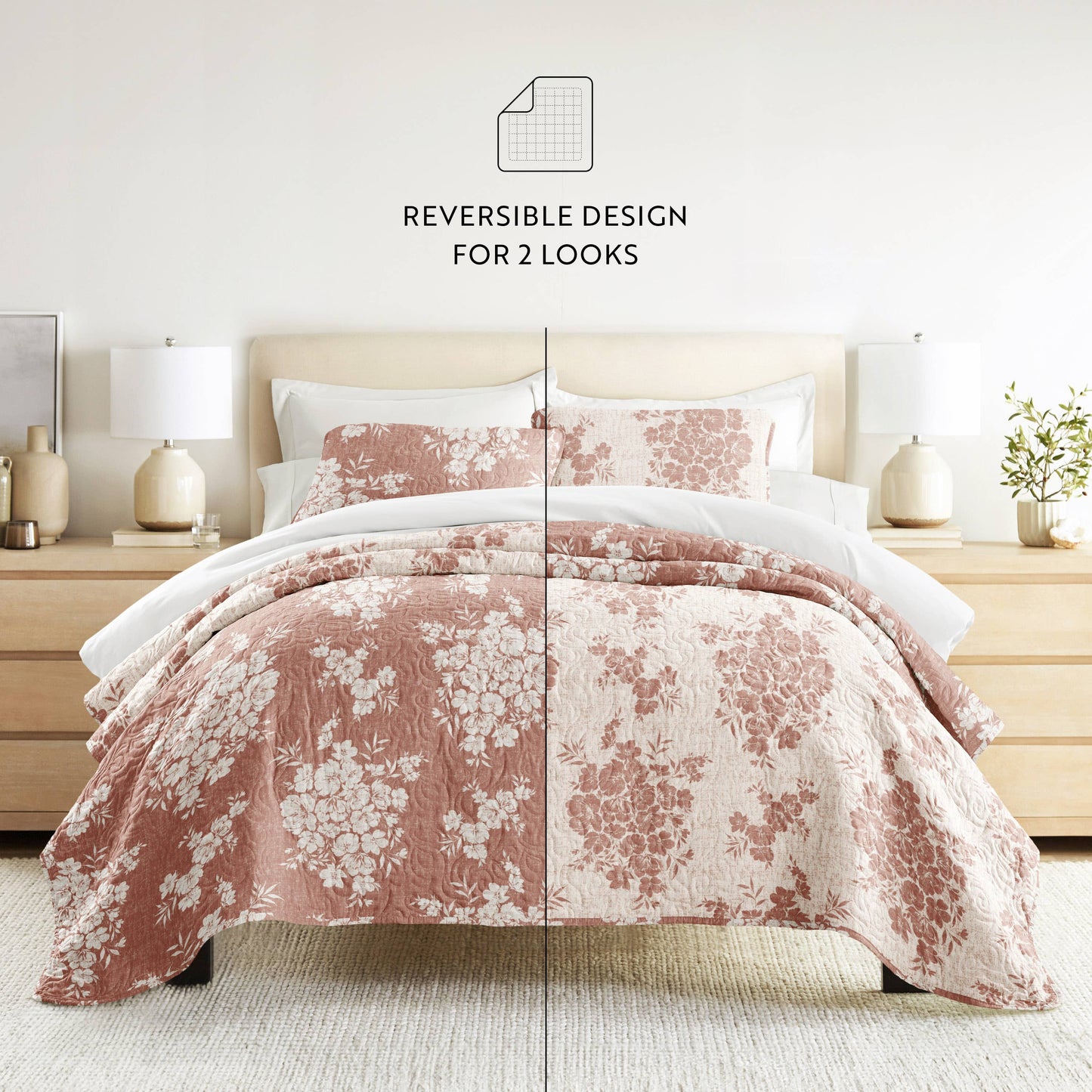 Distressed Bouquet All Season Patterned Reversible Quilt Set: Taupe / Full/Queen