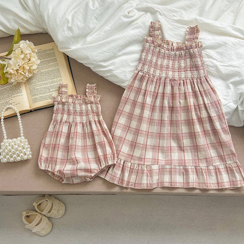 Summer Baby Girls French-style Plaid Sleeveless bodysuit and Dress – Princess Sister Matching Set: Pink / 73 (6-9M)