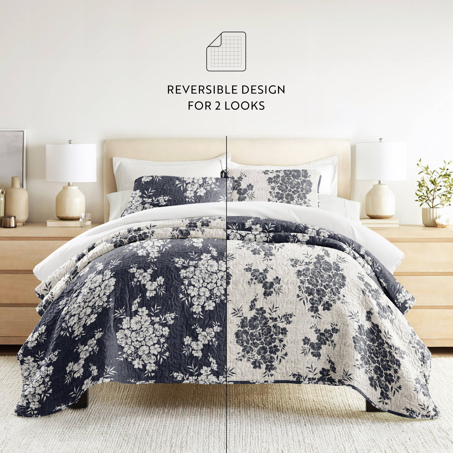 Distressed Bouquet All Season Patterned Reversible Quilt Set: Taupe / Full/Queen