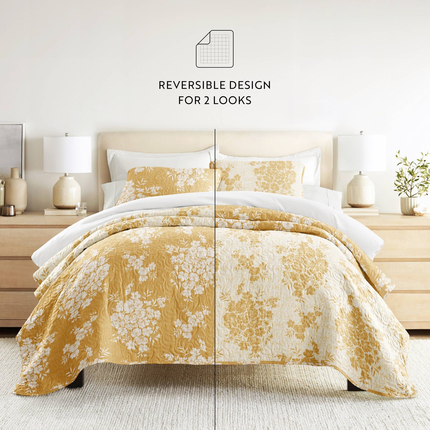 Distressed Bouquet All Season Patterned Reversible Quilt Set: Taupe / Full/Queen
