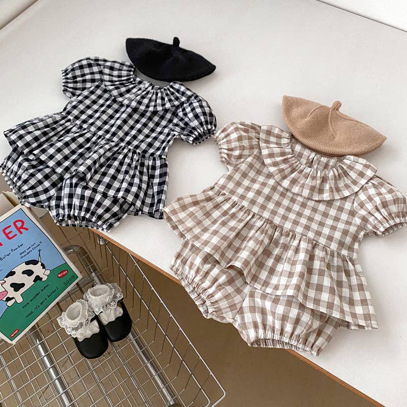 Summer Baby Kids Girls Plaid Short Sleeves Round Collar Top And Shorts Casual Clothing Set: Brown / 90 (12-24M)
