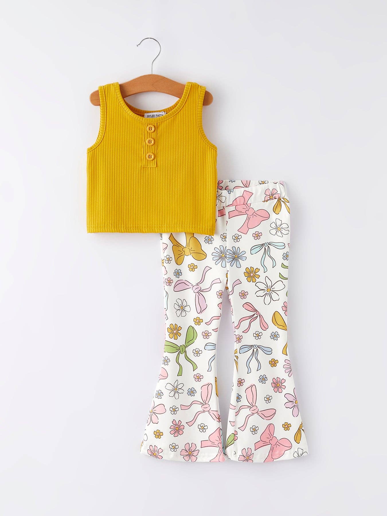 Yellow Girls Top Bow Floral Print Bell Bottom Pants Set: 6