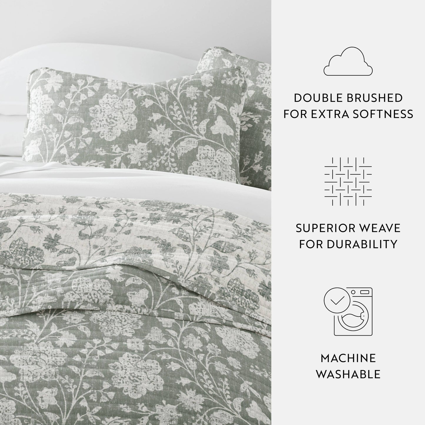 Textured Floral All Season Patterned Reversible Quilt Set: Eucalyptus / King/Cal-King