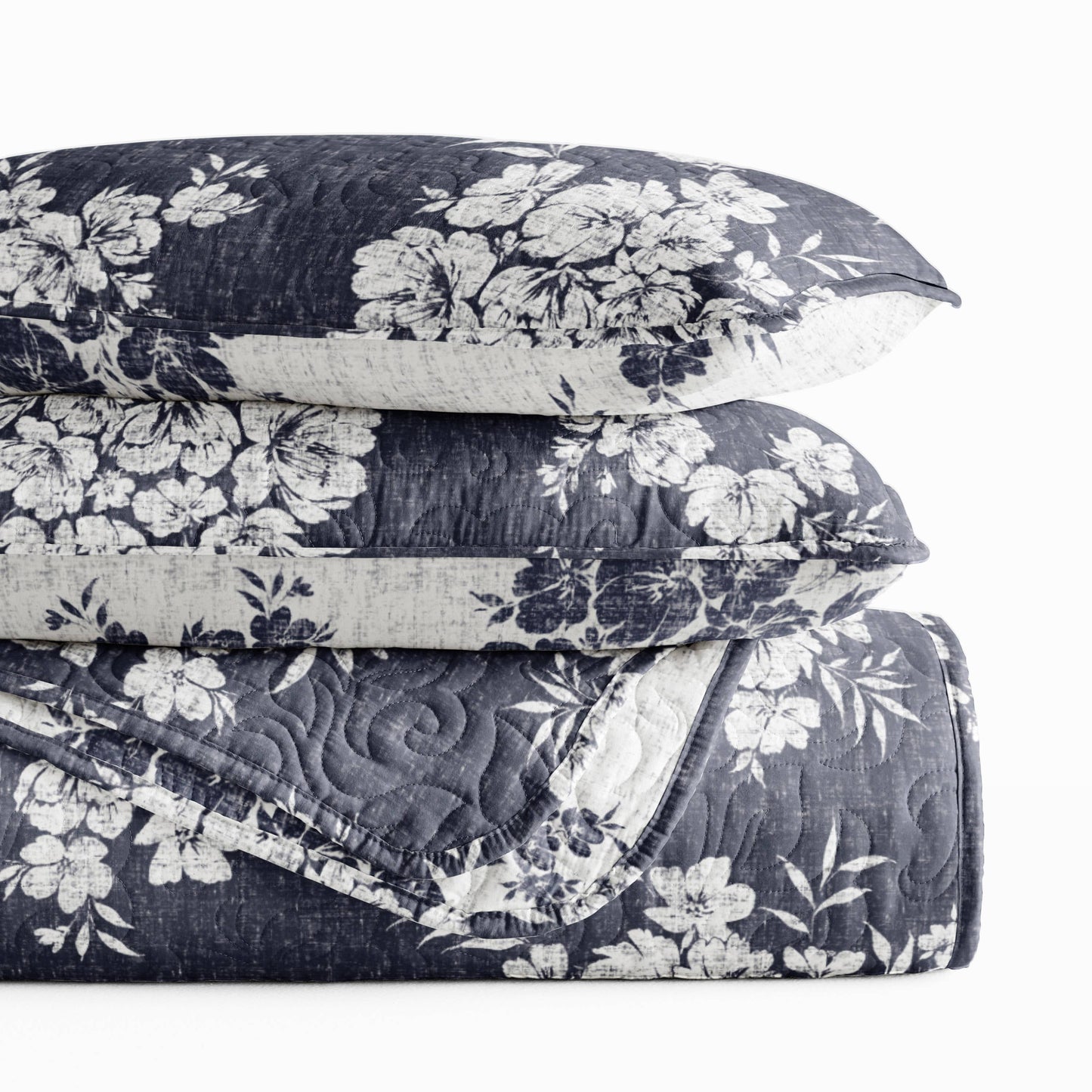Distressed Bouquet All Season Patterned Reversible Quilt Set: Taupe / Full/Queen