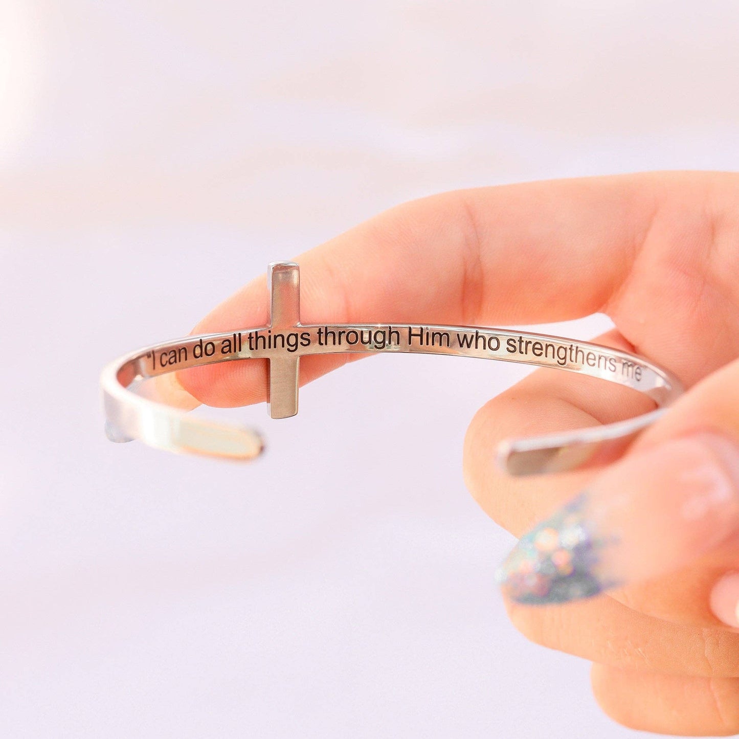 Stainless Steel Cross Cuff Bracelet with Christian Scripture Philippians 4:13: Gold