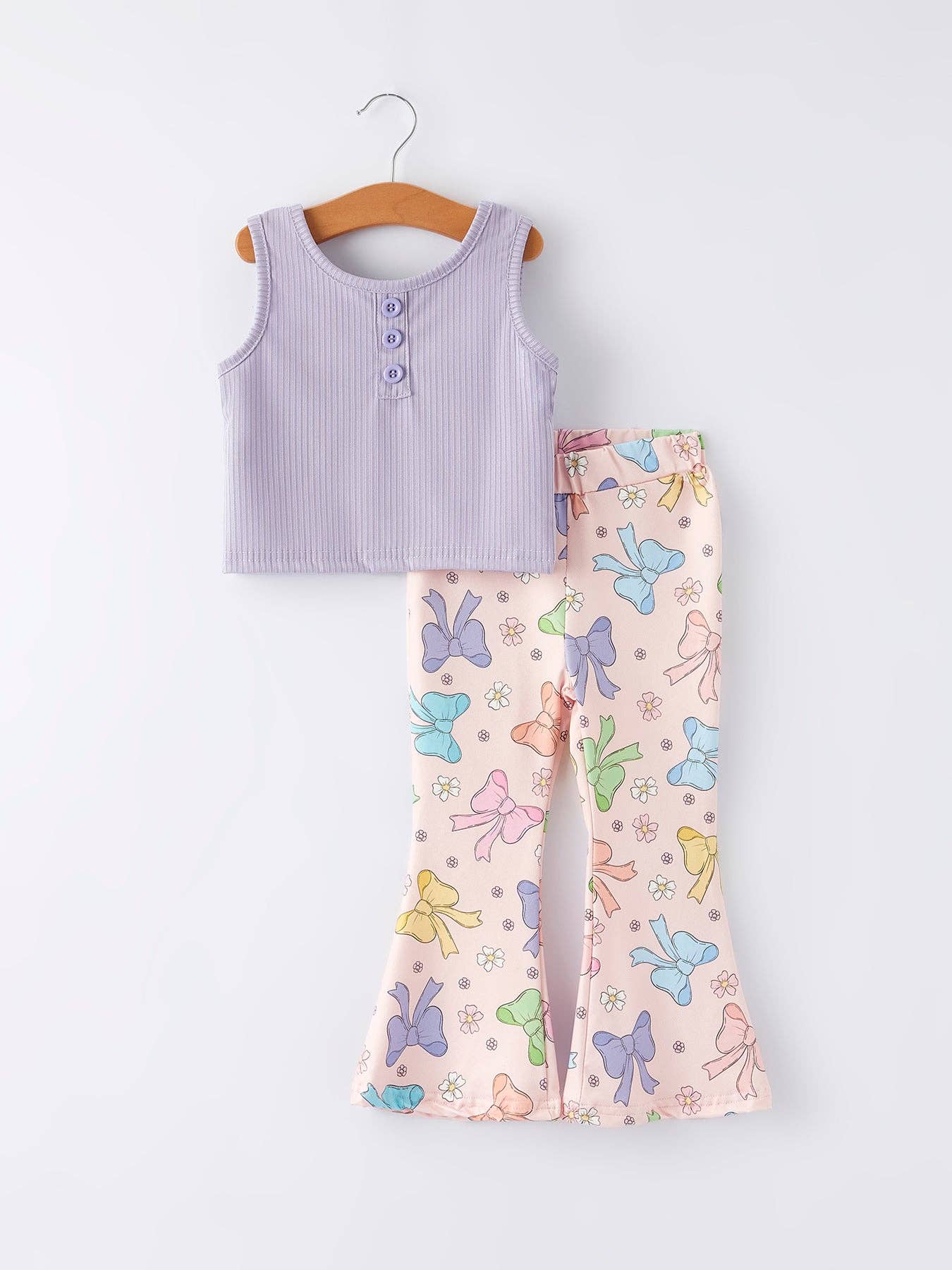 Purple Girls Top Bow Floral Print Bell Bottom Pants Set: 3