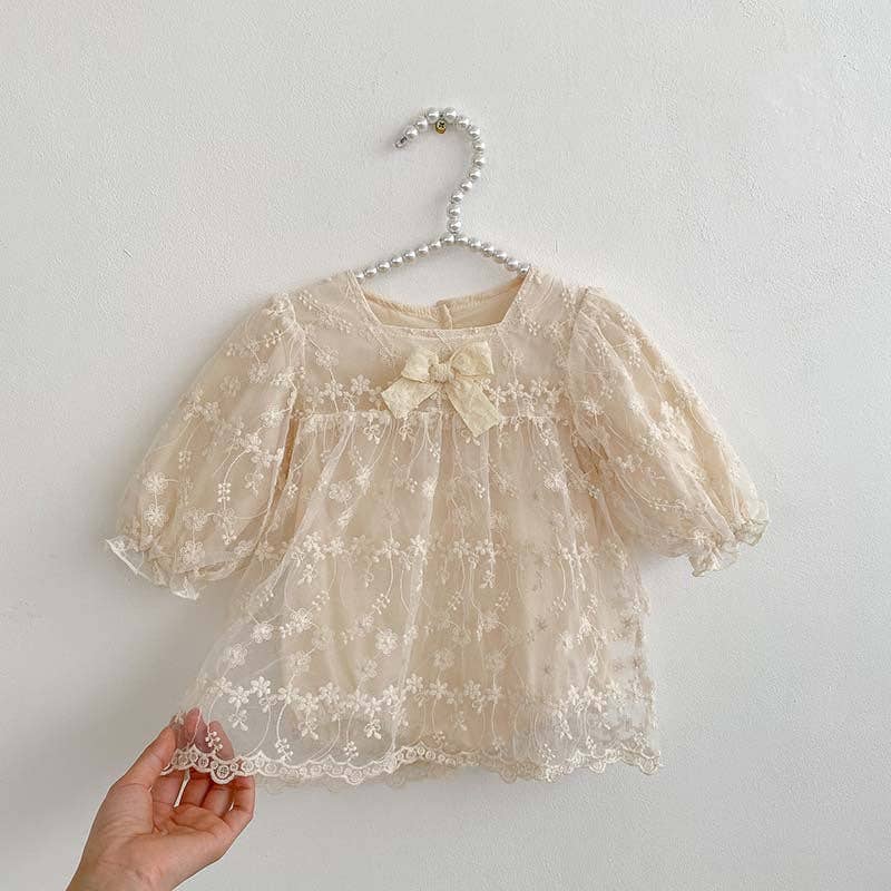 Baby Girl Mesh Patched Design Suqare Neck bodysuit Dress & Dress: Apricot / 90 (12-24M)