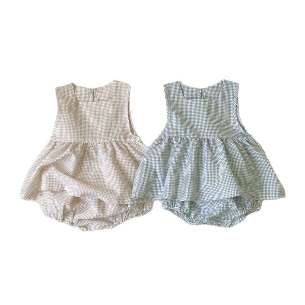 Summer Hot Selling Baby Kids Girls Sleeveless Square Neck Plaid Vest and Shorts Clothing Set: Beige / 73 (6-9M)