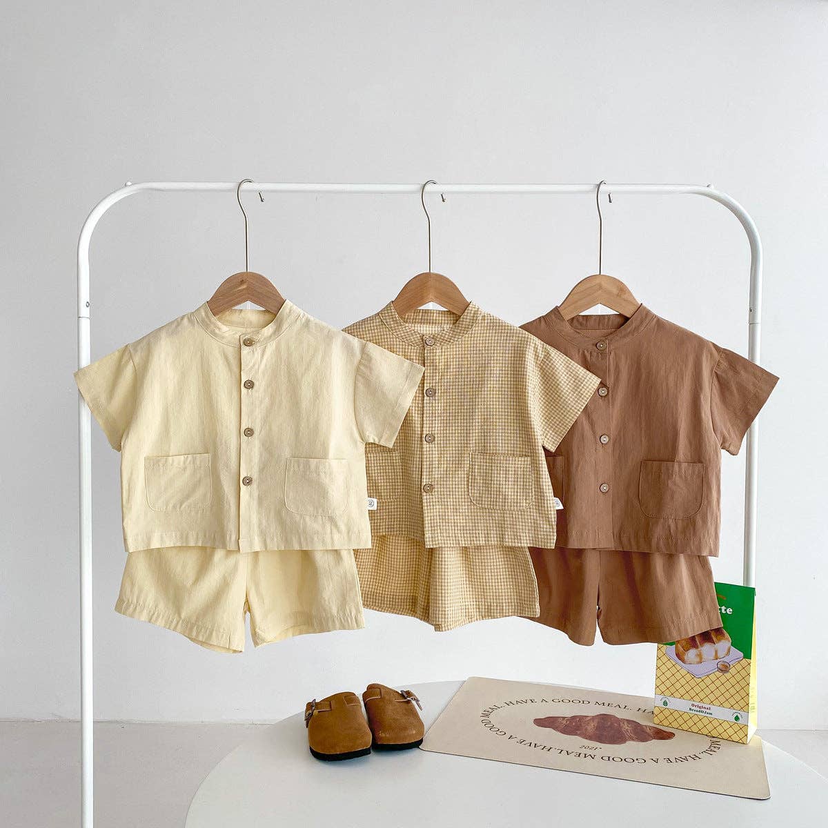Baby Kids Boys Plaid/Solid Short Sleeves Top Shirt And Shorts Casual Clothing Set: Coffee / 90 (12-24M)