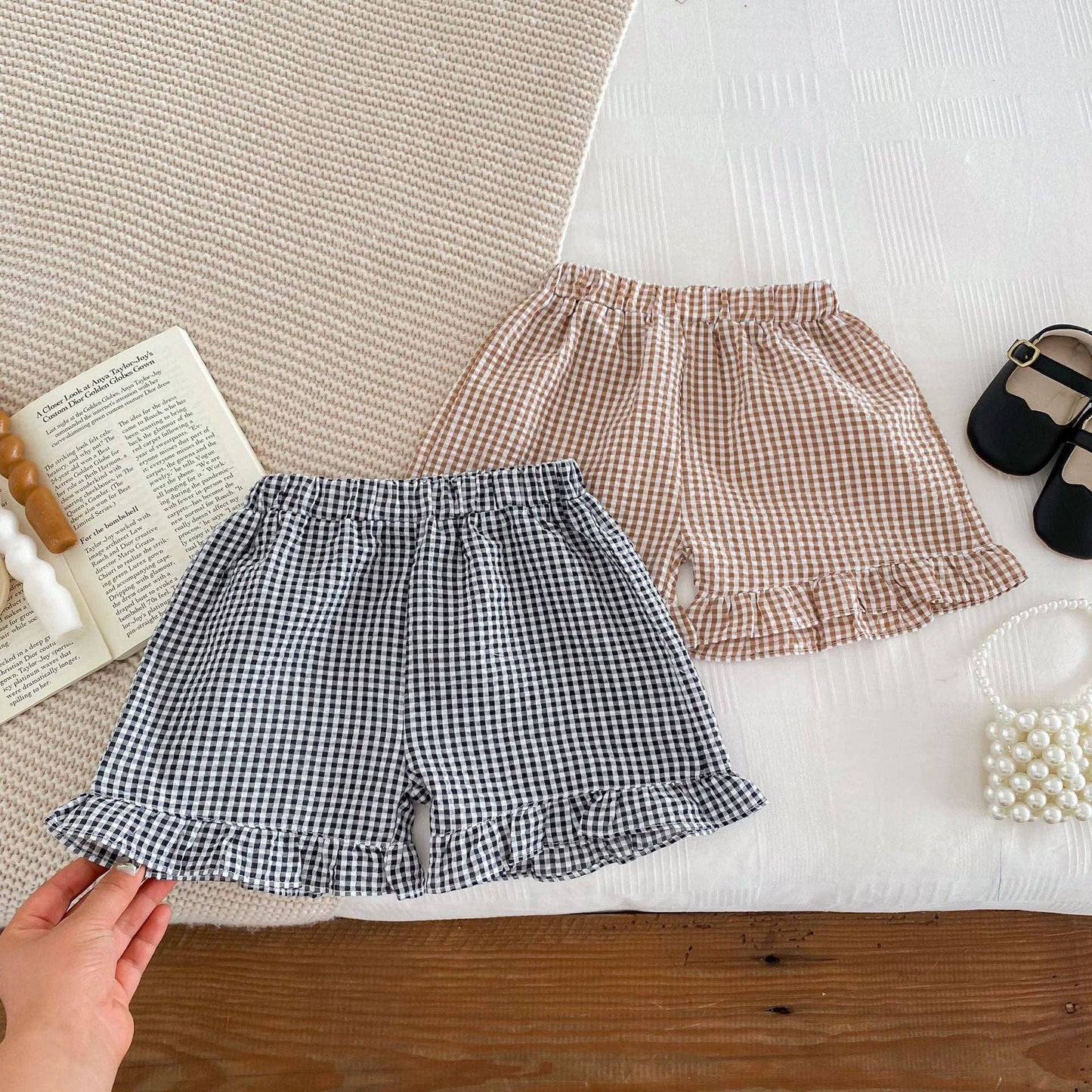 Summer Baby Kids Girls Plaid Shirt And Shorts Clothing Set: Coffee / 100 (2-3Y)