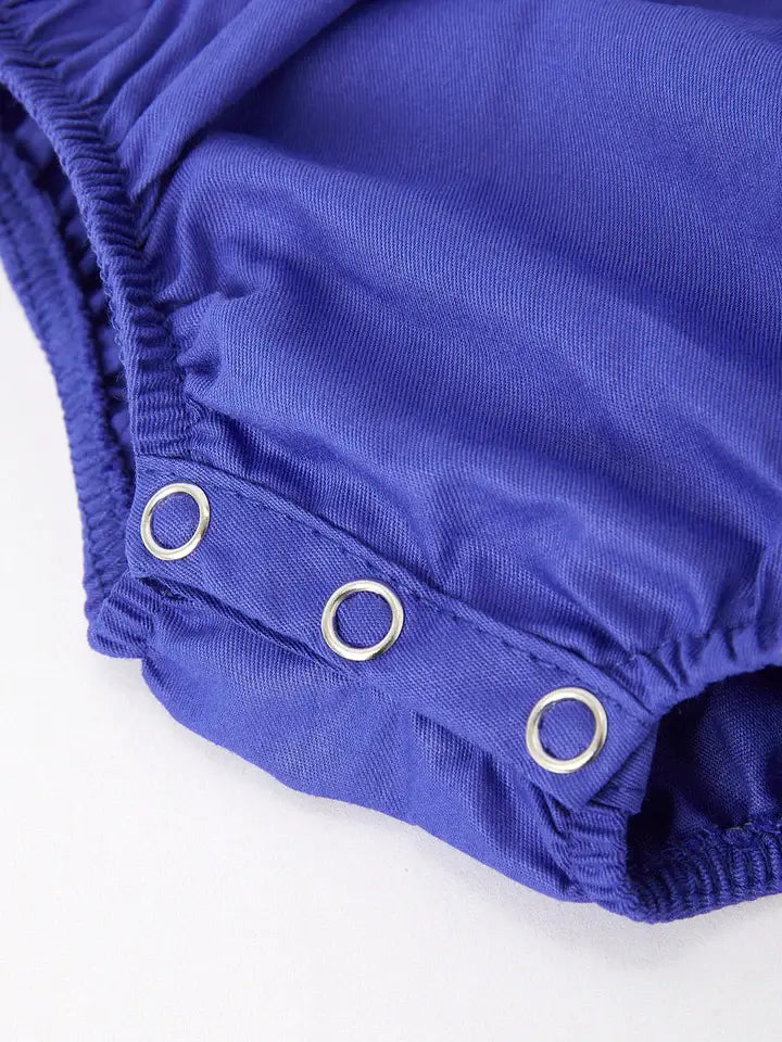 Back To School Apple Embroidery Blue Girls Romper: 6M