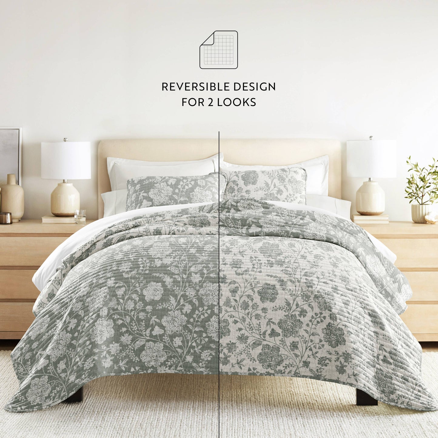 Textured Floral All Season Patterned Reversible Quilt Set: Rose / Full/Queen