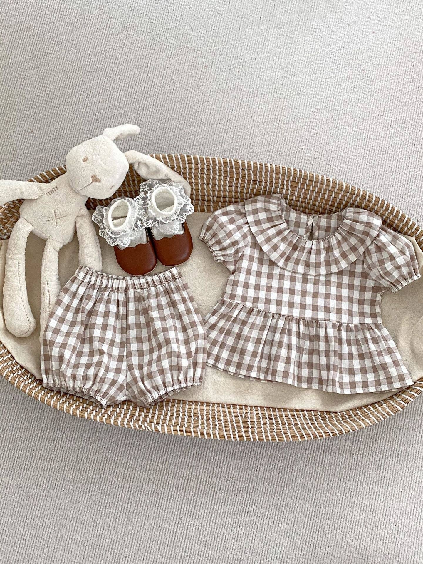 Summer Baby Kids Girls Plaid Short Sleeves Round Collar Top And Shorts Casual Clothing Set: Brown / 66 (3-6M)