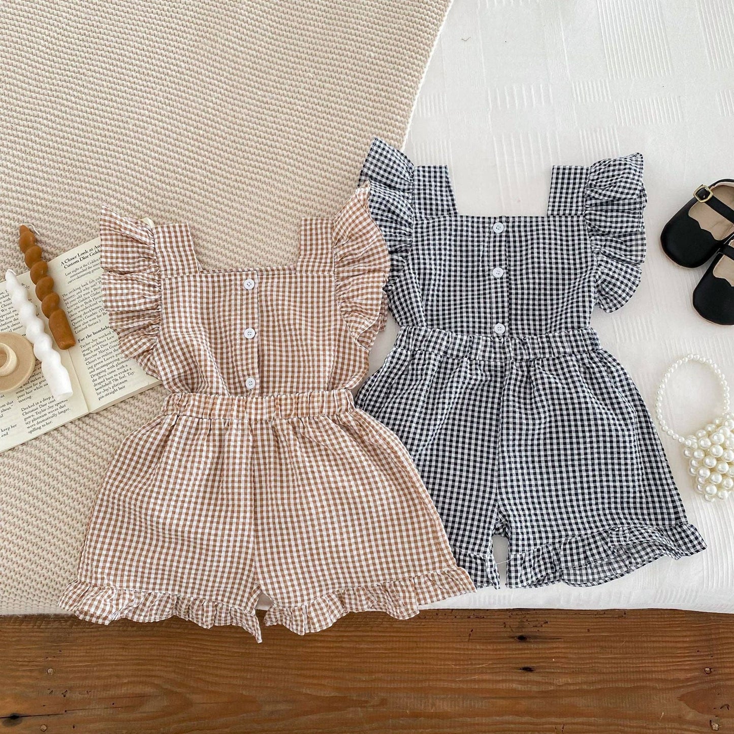 Summer Baby Kids Girls Plaid Shirt And Shorts Clothing Set: Black / 110 (3-5Y)