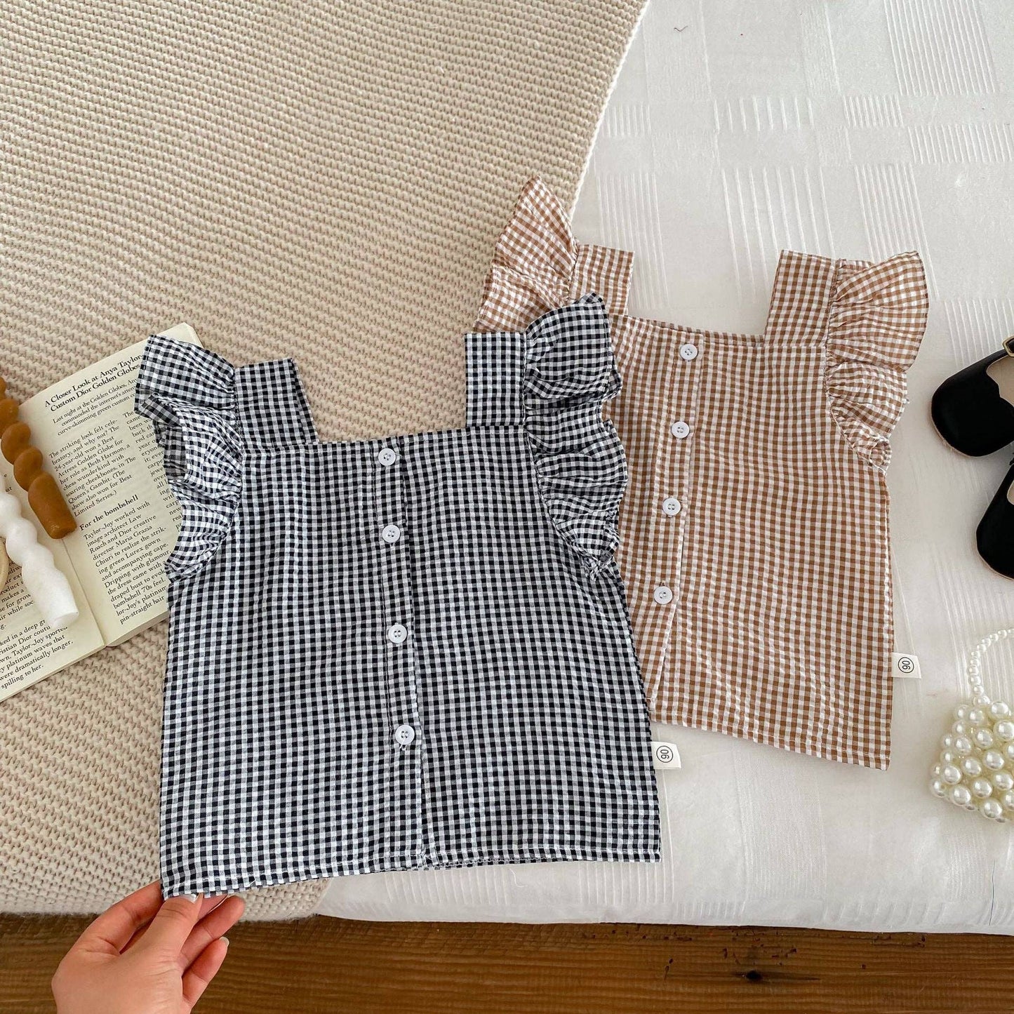 Summer Baby Kids Girls Plaid Shirt And Shorts Clothing Set: Coffee / 100 (2-3Y)