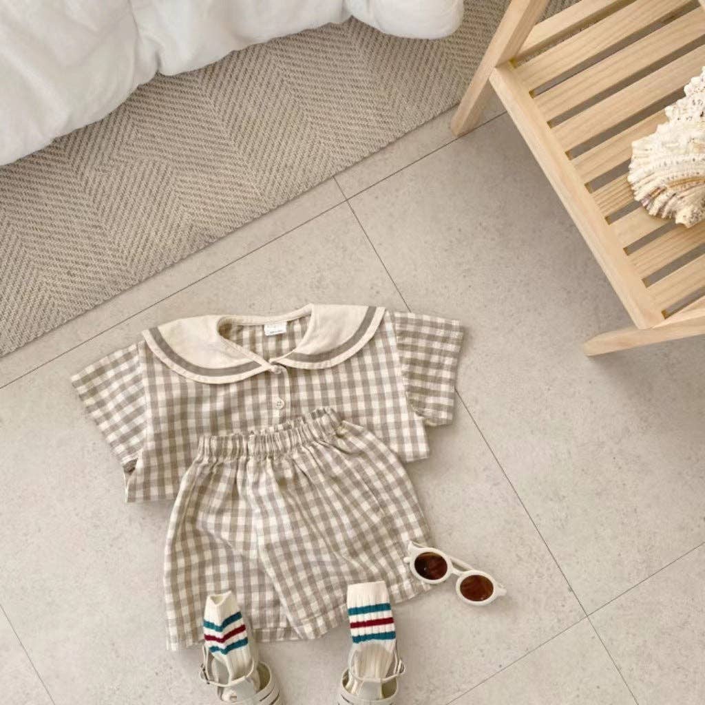 Summer Baby Kids Unisex Plaid Casual Navy Collar T-Shirt And Shorts Clothing Set: Beige / 66 (3-6M)
