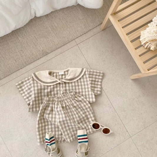Summer Baby Kids Unisex Plaid Casual Navy Collar T-Shirt And Shorts Clothing Set: Grey / 90 (12-24M)
