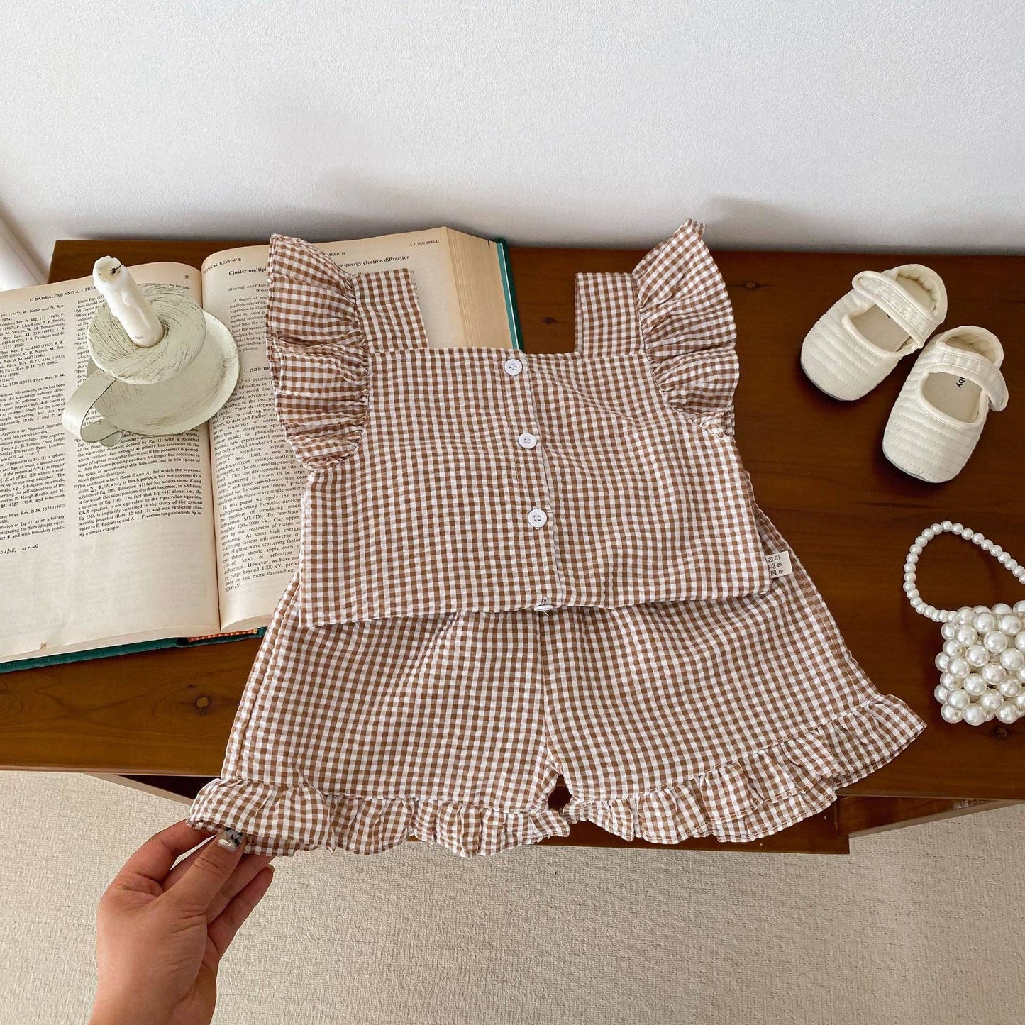 Summer Baby Kids Girls Plaid Shirt And Shorts Clothing Set: Coffee / 100 (2-3Y)