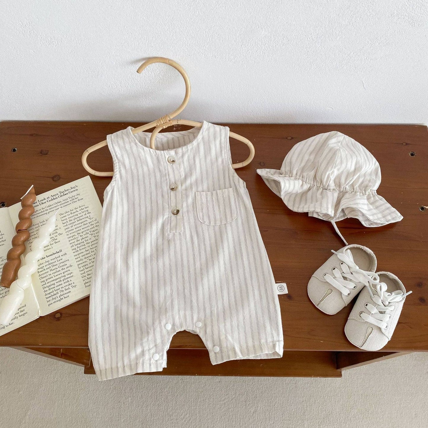 Design Summer Baby Kids Unisex Plain Simple Striped Pattern Crew Neck Sleeveless Romper: Apricot / 66 (3-6M)
