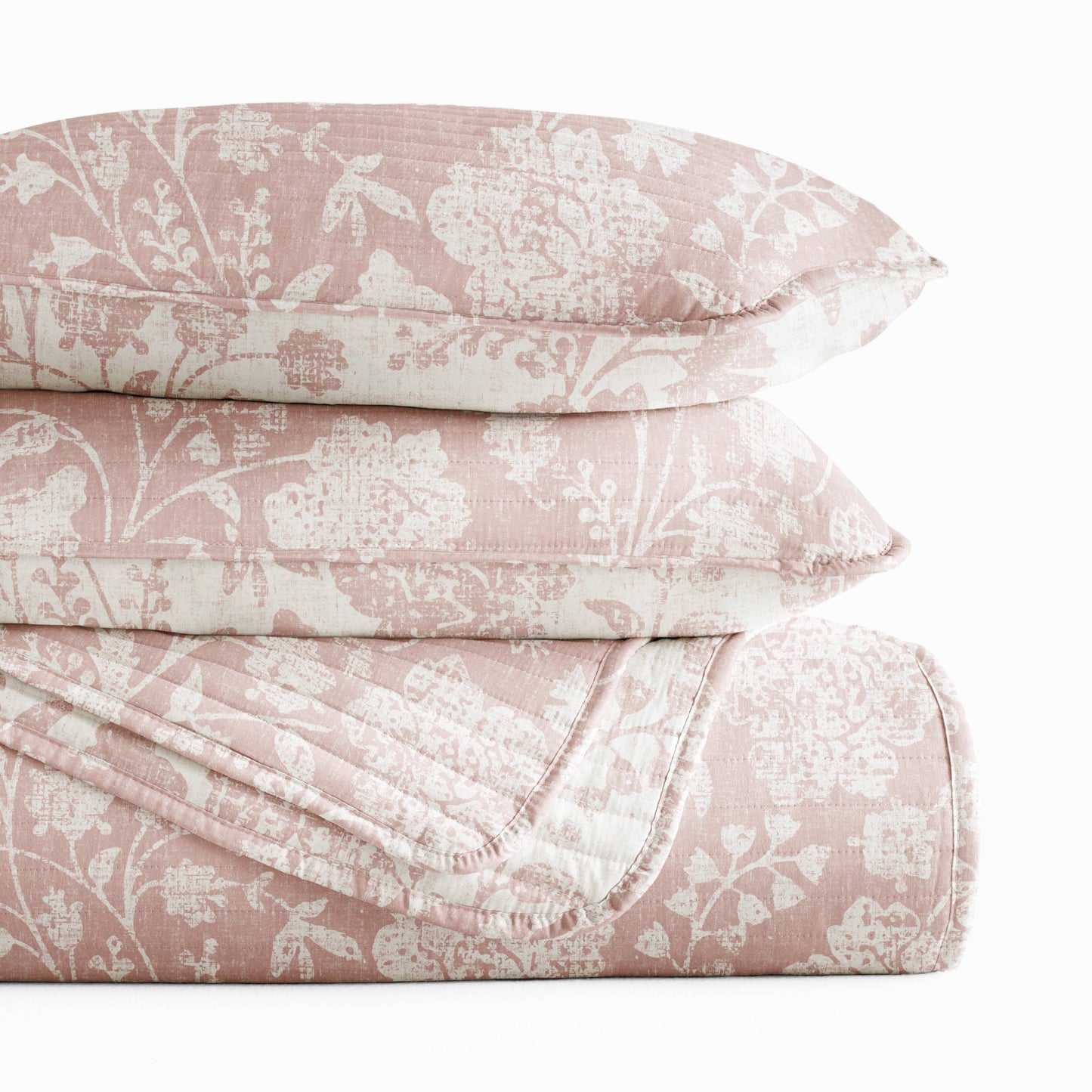 Textured Floral All Season Patterned Reversible Quilt Set: Rose / Full/Queen