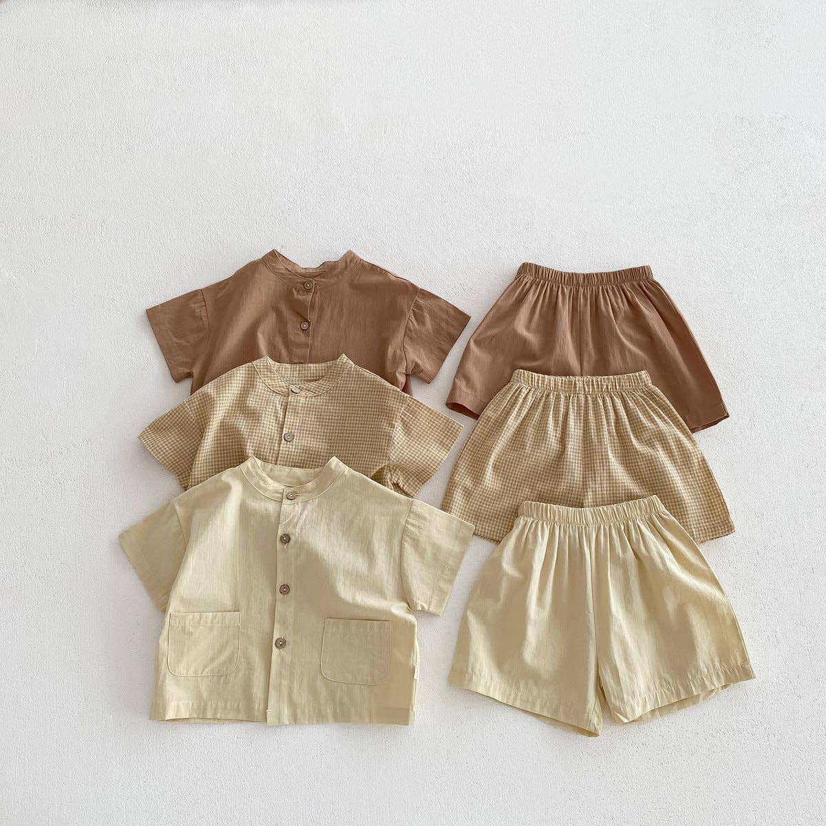 Baby Kids Boys Plaid/Solid Short Sleeves Top Shirt And Shorts Casual Clothing Set: Yellow / 110 (3-5Y)
